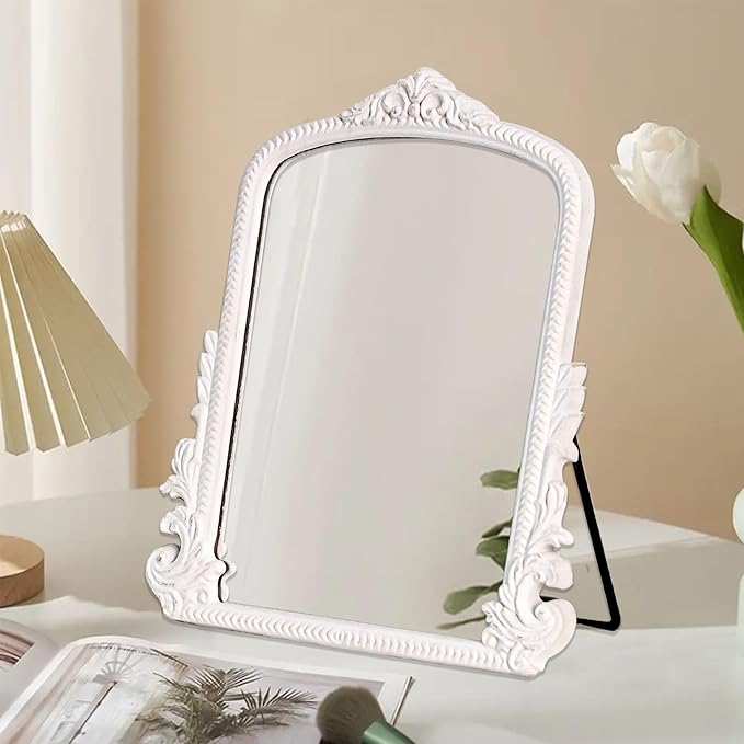 11.8" x 9.6" Small White Arched Vanity Mirror, Vintage Makeup Mirror Baroque Style Arendahl Carved Mirror with Frame for Desk Decorative Table Aesthetic for Dresser,Bedroom,Living-Room