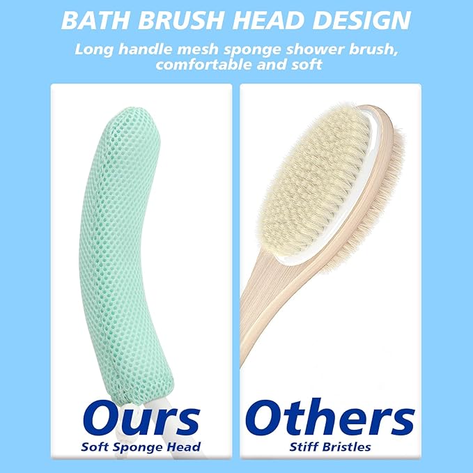 Back Scrubber for Shower，Mesh Sponge Body Shower Brush with Long Handle for Use in Shower Back Scrubber,Back Scrub for Exfoliating Body Scrubber (Blue and Green)