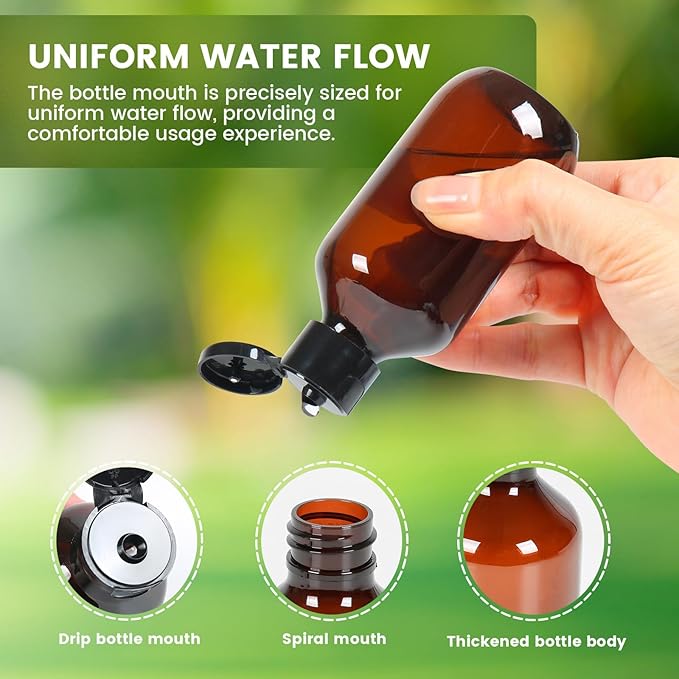 12 Pack 3.4oz Amber Travel Bottles with Flip Cap, Small Plastic Dispenser Container, Empty Bottles Set for Essential Oils Hair