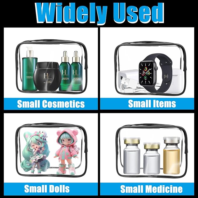 12 Pcs Clear Makeup Bag PVC Waterproof Zippered Clear Cosmetic Toiletry Makeup Carry Pouch for Women Men Vinyl Plastic Organizer Case for Vacation Bathroom (Small, Black)