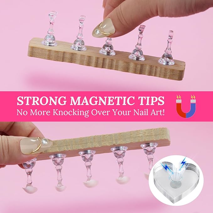 Nail Stand for Press On Nails Art Display Practice 2 Sets, 1 Heart Shaped Acrylic Magnetic Nail Stands, Fake Nail Holder Tips With 200 PCS Double-Sided Tape, Nail Kit Home DIY Salon Supplies