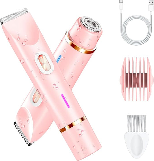 2-in-1 Women’s Electric Razor & Bikini Trimmer - Painless Pubic Hair Shaver, IPX7 Waterproof Wet/Dry Use for Bikini Area, Legs, Face, Underarms (Pink)