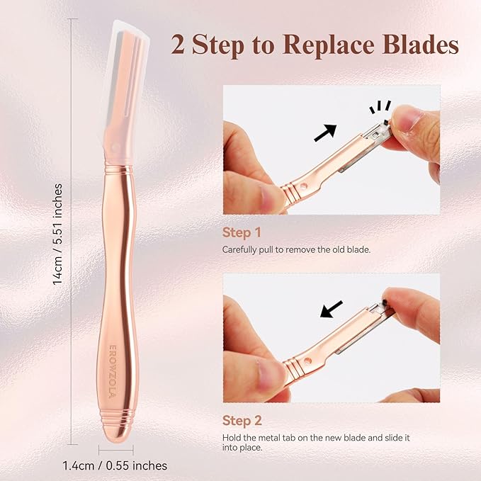 Eyebrow Razor for Women and Men, Face Razors for Women, Dermaplane Razor with Protective Silicone Cover, Reusable Metal Handle with 6 Refill Blades, Skin Care Tool - Rose Gold