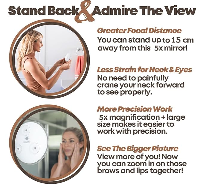 Mavoro 9'' Magnifying Mirror with 3 Strong Suction Cups | 5X Magnification | Portable Travel Makeup & Cosmetic Mirror (5X)