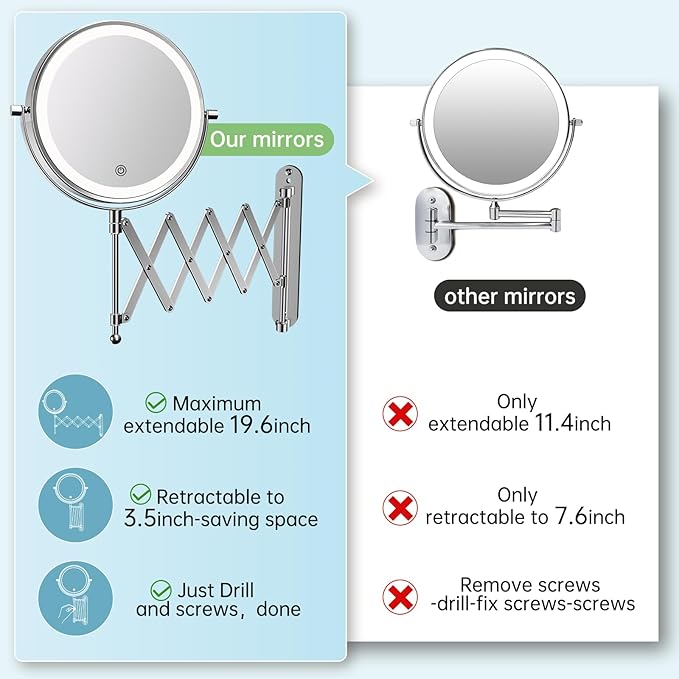 Rechargeable Wall Mounted Makeup Mirror - 8 Inch Double Sided 1X/10X Magnifying Mirror with 3 Color Lights Dimmable Touch Screen, 360°Swivel 19.6 Inch Extendable Accordion Bathroom Mirror - Chrome