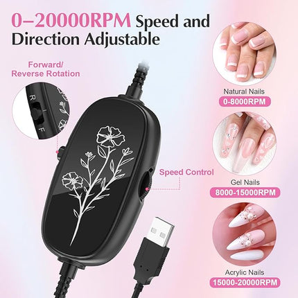 JIASHENG USB Electric Nail Drill, Portable Electric Nail File for Acrylic Gel Nails, Professional Drill Nail Kit Manicure and Pedicure Kit with Drill Bits for Home and Salon Use, Pink