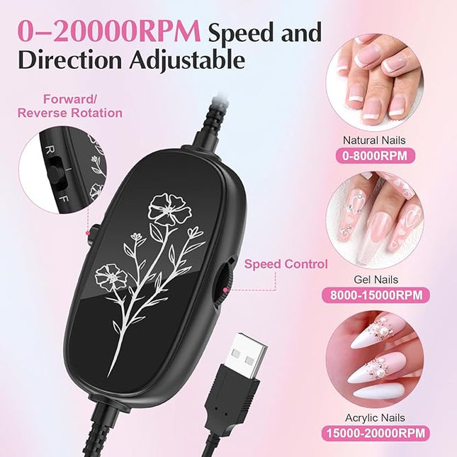 JIASHENG USB Electric Nail Drill, Portable Electric Nail File for Acrylic Gel Nails, Professional Drill Nail Kit Manicure and Pedicure Kit with Drill Bits for Home and Salon Use, Pink