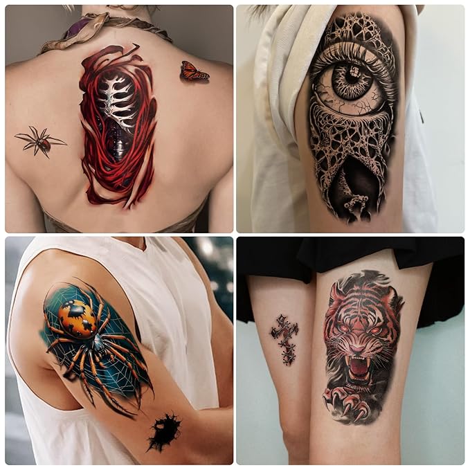 77 Sheets 3D Realistic Temporary Tattoos Adults Kids, Realistic Skull Tiger Wolf Lion Dragon Spider Snake Temporary Tattoos For Women Men, Half Arm 3D Halloween Temp Tattoos Look Real And Last Long