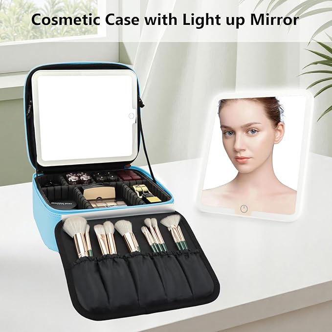 Travel Makeup Bag with LED Mirror Travel Makeup Organizer with 3 Lighted Settings, Adjustable Dividers and Makeup Brush Storage Bag Blue