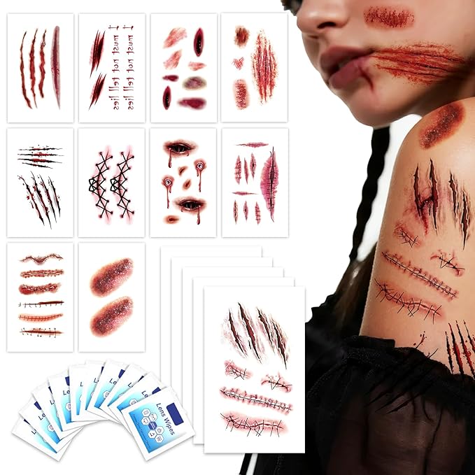 Zerobe Professional Zombie Film SFX Makeup Kit - Large 3D Fake Scars Blood Tattoo Stickers for Movie-Quality Undead Effects | Waterproof, Realistic Wounds for Cosplay, Halloween (Large 121 Pcs)