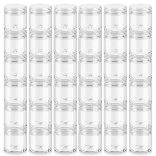 36 Pack 2 OZ Plastic Jars with Lids, BPA Free, Reusable, Refillable Transparent Cosmetic Containers for Bath Salts, Cosmetics, Powders, Beauty Product and Small Accessories - White