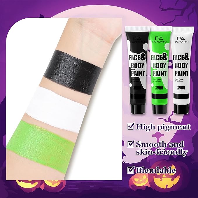 Black White Light Green Face Body Paint - Water-Based Non-Toxic Makeup Kit for Shrek Monster, Full Coverage Washable face Painting for Halloween Cosplay, Costume Parties, Stage Performances