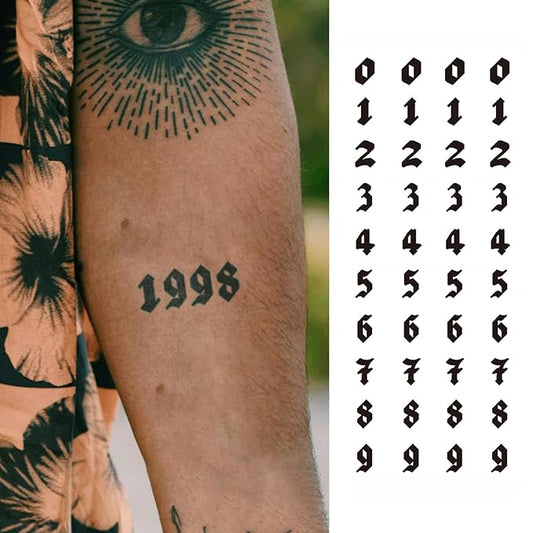 Old English Gothic Number Temporary Tattoos – Realistic Ink-Look Numbers for Dates & Events, Waterproof & Long Lasting Semi-Permanent Tattoos for 2 Weeks