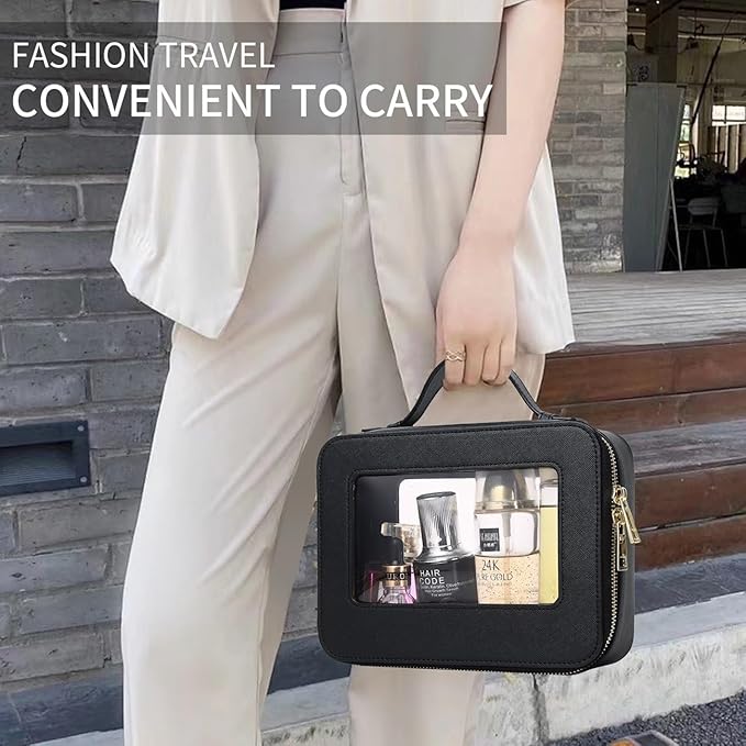 Pinkmik Travel Clear Makeup Bag with Brush Bag Portable Cosmetic Bag Case Transparent Toiletry Bag Cosmetic Organizer Storage Bag for Women (Black, L+SLIM)