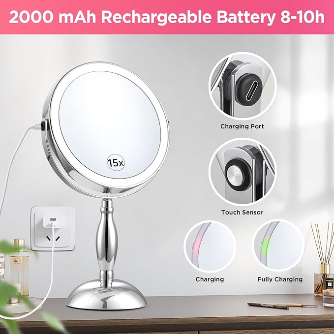 Lighted Makeup Mirror, Rechargeable 8" 3 Color Vanity Mirror, 15x Magnifying Mirror with Brightness Adjustable, 360° Rotation Double Sided Desk Mirror, STC- Side Charging & Side Touch Switch