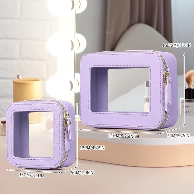Pinkmik Clear Makeup Bag Waterproof Travel Case for Cosmetics and Toiletries Women's Purse Organizer and Clear Car Bag with Zipper (X/Purple, M+MINI)