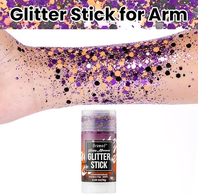 Brzeaf Orange Purple and Black Body Glitter Stick, Shimmery& Long Lasting, Halloween Hair Eyeshadow Face Body Glitter, Singer Concert Music Rave Festival, Glitter Stick Makeup & Face Glitter Gel