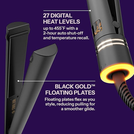 HOT TOOLS Pro Artist Black Gold Ionic 1 Inch Flat Iron - Use as Straightener for Sleek Straight Hair or Use Rounded Edges for Shiny Curls and Waves, Stylist-Preferred Styles