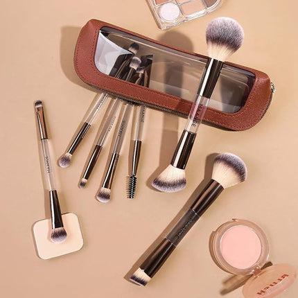 MAANGE 7 PCS Foundation Makeup Brush Set With Bag, Make up Brushes, Eyeshadow Concealer Brush, Double-ended Foundation Contour Powder Blush, Professional Face brush Set Tools For Liquid,Cream (White)