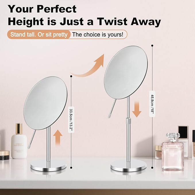 8" HD Vanity Mirror with Swivel & Adjustable Height (13-18"), Bonus 10X Magnifying Suction Cup Makeup Mirror for Precision Grooming & Shaving, Chrome Finish for Tabletop & Bedroom（No Light）