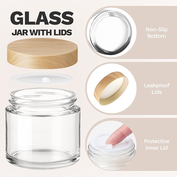 2 oz Glass Jars with Plastic Woodgrain Lids, Bumobum 48 pack Round Clear Cream Jars with Black and White Labels & Inner Liners, Empty Cosmetic Containers for Cream, Lotion, Ointment