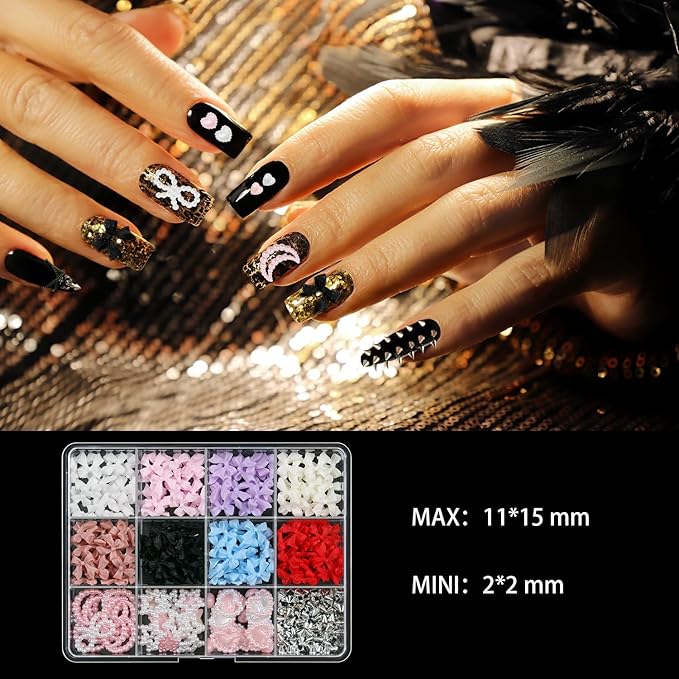 Artdone Nail Art Studs Kit, 12 grids 8 Colors 3D Charms and Pink Mix White Star Heart Moon Cute Nail Jewels for DIY Decoration
