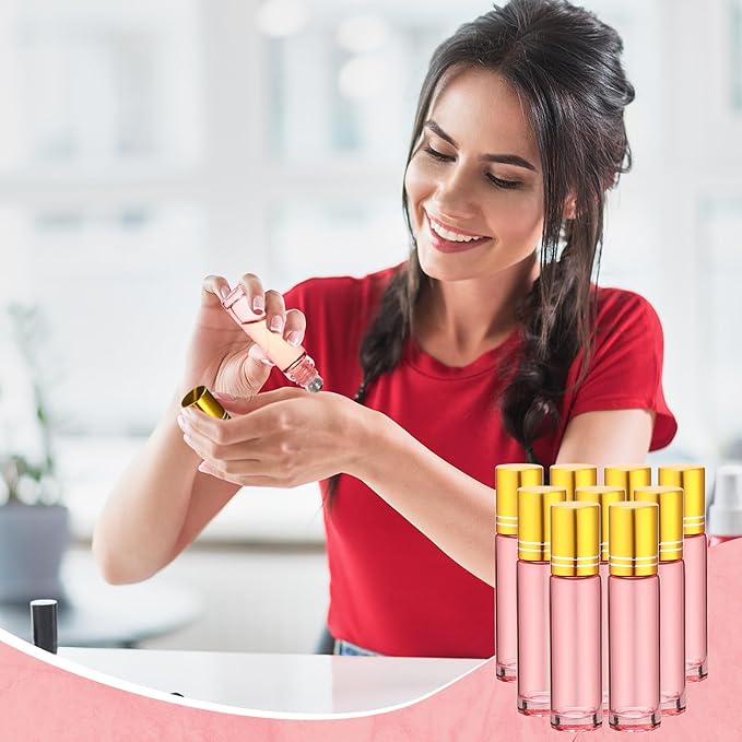Sumind 150 Pcs Essential Oil Roller Bottles 10 ml Glass Empty Roll on Bottles with Stainless Steel Balls Leak Proof with 5 Funnel for Travel Essential Oil(Pink)