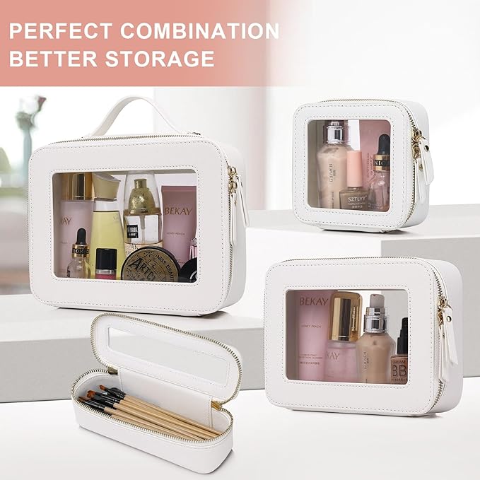 Pinkmik Clear Makeup Bag for Women Waterproof Travel Cosmetics and Toiletries Case Portable Makeup Oaganizer Bag Clear Car Bag with Zipper (White, M)