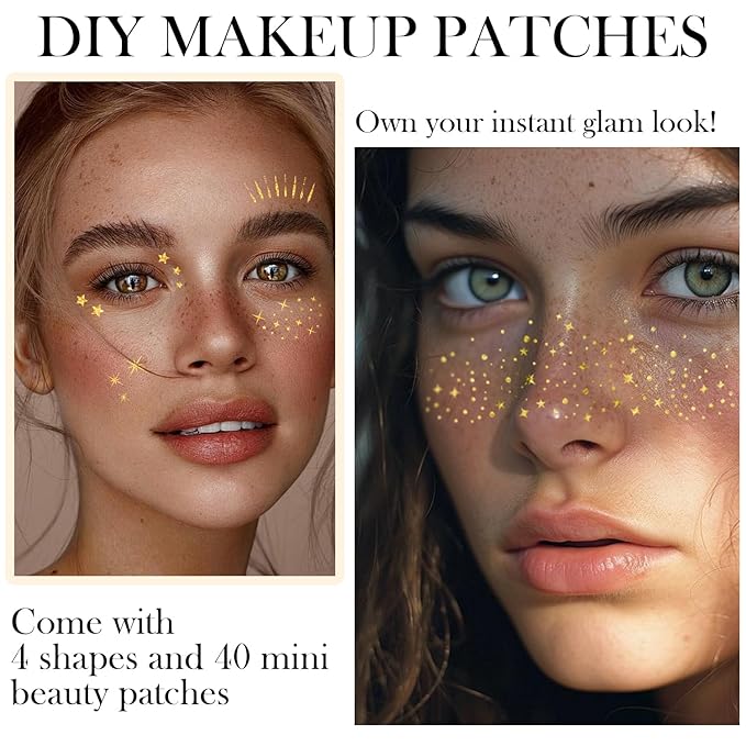 20 Pcs Gold Face Makeup Patches, Glitter Freckles Face Tattoo Gold Makeup, Glitter Freckles, Sparkle Makeup Patches, Waterproof Face Glitter Freckles Patches for Women