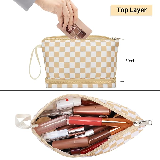 Ethereal Small Makeup Bag, khaki Checkered 2 Layers Travel Cosmetic Bag with Makeup Brush Holder, Portable Makeup Pouch for Women/Girls
