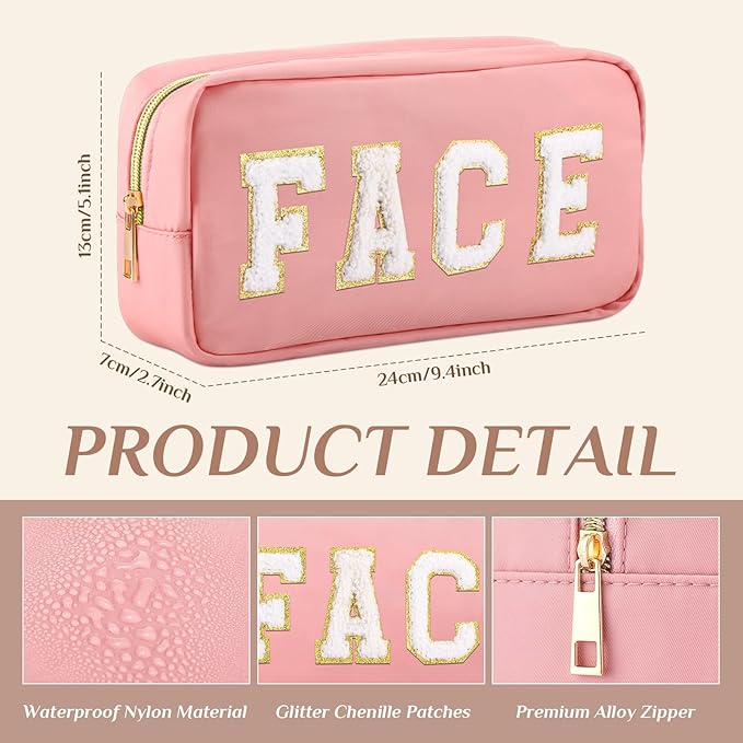 Cunno 4 Pcs Preppy Makeup Bags Chenille Letter Stuff Bag Nylon Cosmetic Pouch Cases with Zipper for Women Travel Toiletry