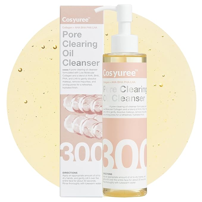 Collagen Pore Cleaning Oil Cleanser for Face by COSYUREE– AHA BHA PHA LHA Oil for Deep Cleansing, Face Cleansing, Hydration, and Makeup Removal, Korean Skincare with Lemon & Lavender