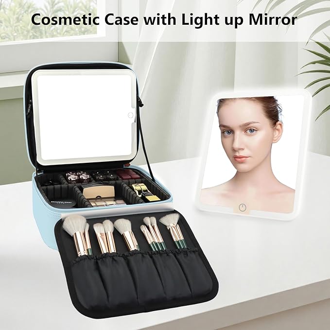 Travel Makeup Bag with LED Mirror Travel Makeup Organizer with 3 Lighted Settings, Adjustable Dividers and Makeup Brush Storage Bag Light Blue