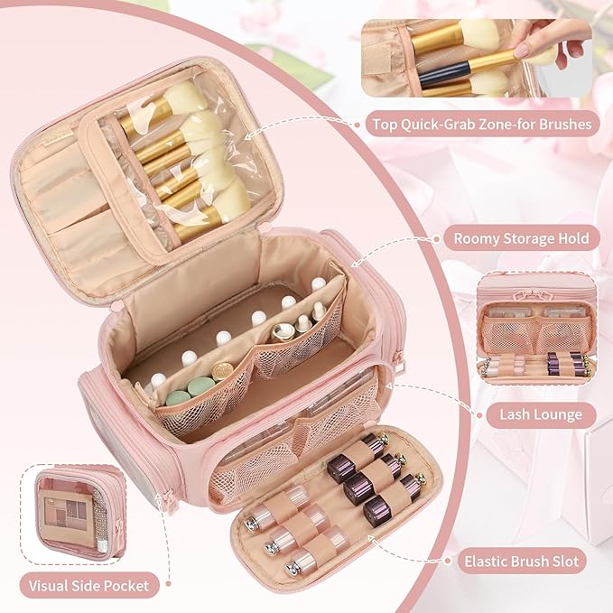 OCHEAL Large Makeup Bag,Cosmetic Organizer for Women with Zipper Pouch and Side Pocket, Multifunctional Compartments and Dividers,Travel Makeup Case for Toiletries, Brushes & Beauty Tools-Pink