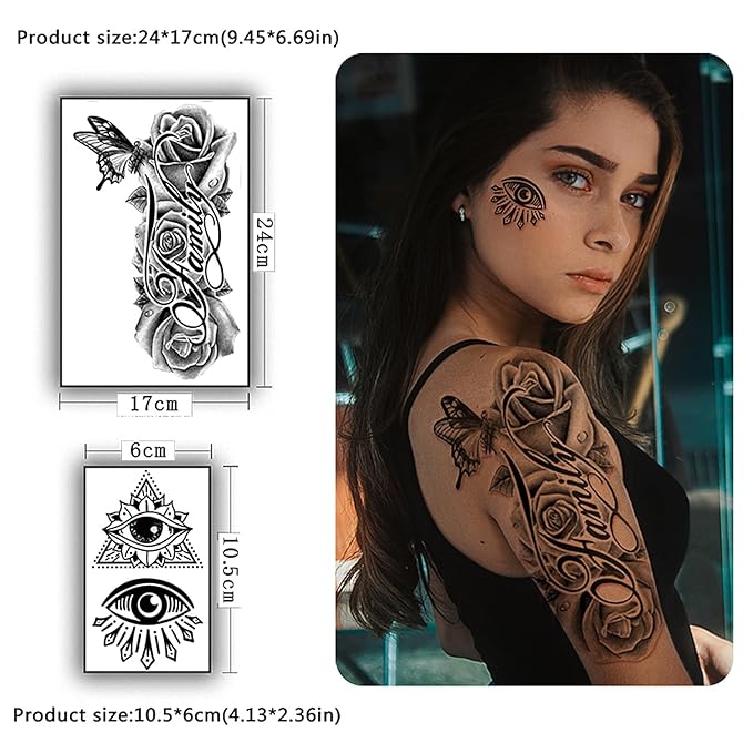 Yazhiji 36 Sheets Temporary Tattoos Stickers, 12 Sheets Fake Body Arm Chest Shoulder Tattoos for Men or Women with 24 Sheets Tiny Black Tattoos