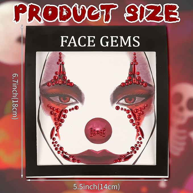 Halloween Face Gems Jewels Tattoos, 2Sheets Day of the Dead Skull Face Temporary Tattoos, Clown Face Makeup Stickers for Halloween Festival Rave Party Outfit