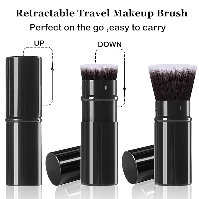 Retractable Makeup Brush 2 Pack, Travel Kabuki Powder Foundation Makeup Brush Face Blush Brushes for Blending Liquid, Blush, Bronzer, Buffing, Sunscreen,Flawless Cosmetics