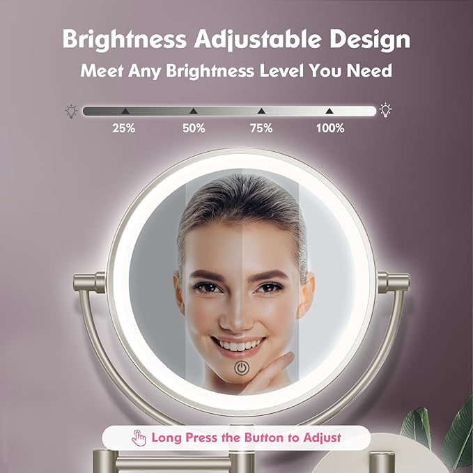 FASCINATE Upgraded Wall Mounted Makeup Mirror with Lights, Super Large Double Sided 1X/10X Magnifying Mirror for Bathroom, 360° Swivel Extendable Plug Touch Sensor Vanity Mirror