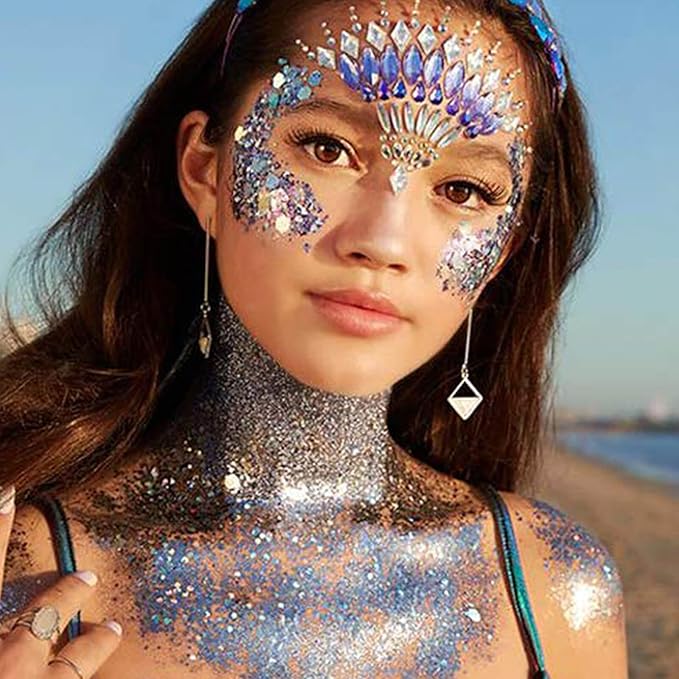 Chameleon Iridescent White Face Glitter,Color Changing Mermaid Body Glitter Gel,Chunky Glitter Face Paint,Sparkling Sequin for Face Body Hair,Halloween Festival Party Glitter Makeup,50ml