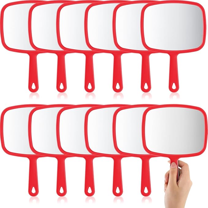 Geetery 12 Pcs Hand Held Mirrors with Handles Hand Makeup Mirrors Bulk Wall Mount for Women Cosmetic Bathroom Home Barber Salon Travel Portable Beauty School Gift, 6.69 x 9.45 Inch (Red)