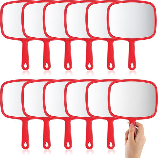 Geetery 12 Pcs Hand Held Mirrors with Handles Hand Makeup Mirrors Bulk Wall Mount for Women Cosmetic Bathroom Home Barber Salon Travel Portable Beauty School Gift, 6.69 x 9.45 Inch (Red)