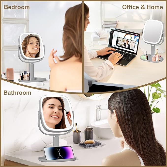 Mocado Makeup Mirror with Lights, 1X/20X Magnifying Mirror with Light, Vanity Mirror with 3 Colors Lights, Height Adjustable Lighted Makeup Mirror, Double Sided 360°Rotation, Memory Function (Grey)