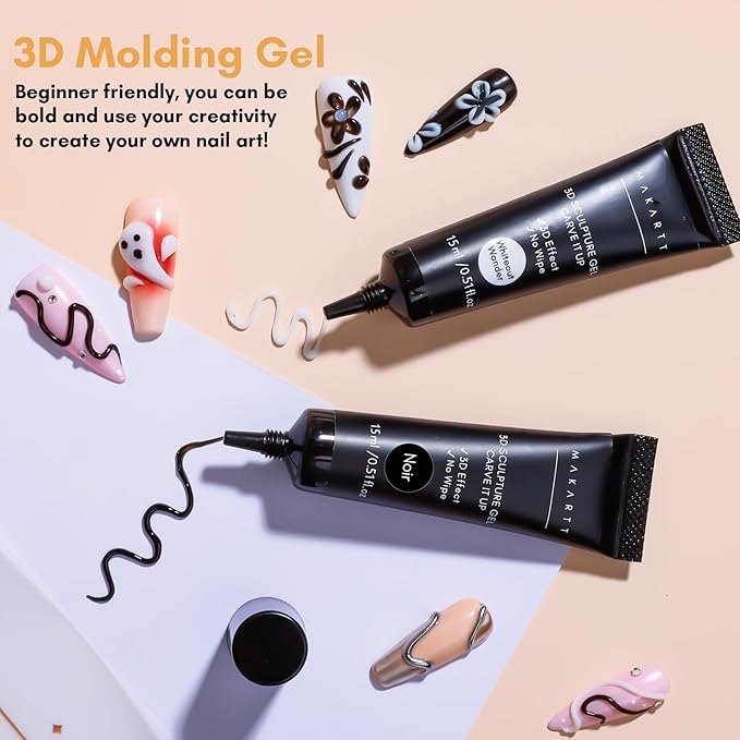 Makartt 3D Gel Nail Art: White and Black Sculpting Candy Molding Gel No Wipe Craving Embossed Gel Polish Set for Decoration Manicure Charm Designs (Whiteout Wonder & Noir)