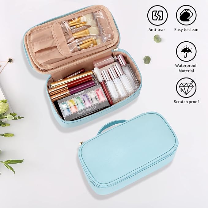 OCHEAL Small Makeup Bag,Portable Cute Travel Makeup Bag Pouch for Women Girls Makeup Brush Organizer Cosmetics Bags with Compartment-Blue