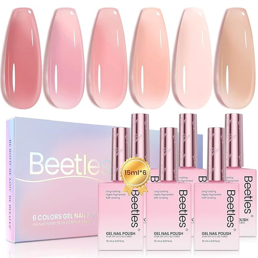 Beetles Nude Pink Gel Nail Polish Set, 6 Colors 15ML Light Pink Jelly Gel Nail Polish Kit Neutral Sheer Full Size Translucent Nail Concealer Soak Off UV Manicure Salon Colorful Bottle Gift for Women