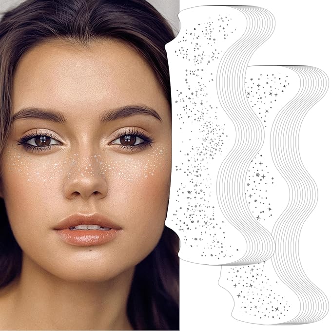 24PCS Face Makeup Patches, Silver Glitter Freckles Face Tattoo, Glitter Freckles, Sparkle Makeup Patches, Waterproof Face Glitter Speckles Patches for Women