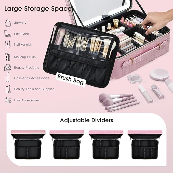 Leather Makeup Case with LED Lighted Mirror 11.4 Inch Travel Makeup Bag Adjustable Brightness in 3 Colors Cosmetic Organizer Artist Storage Bag with Dividers Brush Holder Bag Vanity Shiny Pink