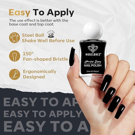modelones Nail Polish, 15 ml Classic Black Nail Polish Quick Dry Nail Strengthener Long Last Shine Fingernail Toe Nail Art DIY Home Travel Manicure Gift for Women Girls 0.5 Fl Oz