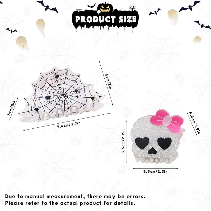 2 Pcs Halloween Hair Claw Clips for Women Girls, White Skull Spider Web Claw Clips, Cute Hair Clips with Glitter Sequin Design, Halloween Hair Accessories for for Thick and Thin Hair