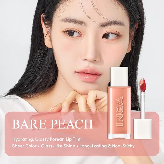 INGA Water Glow Lip Tint | Hydrating, Glossy Korean Lip Tint with Sheer Color & Glass-Like Shine | Long-Lasting, Non-Sticky Korean Lip Stain (BARE PEACH)